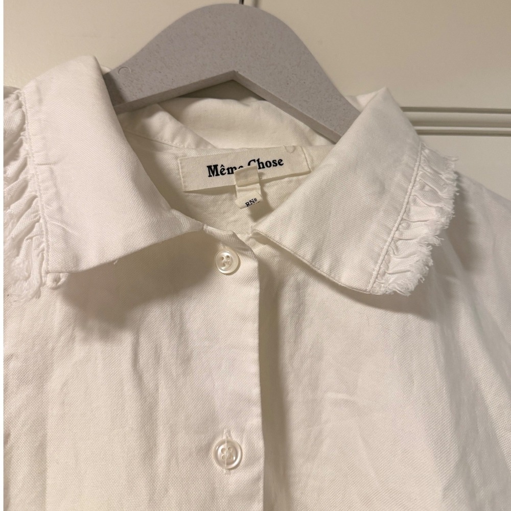 Même Chose White Cotton Ruffle Frayed Trim Button Down Shirt Size 1 S - Picture 4 of 8